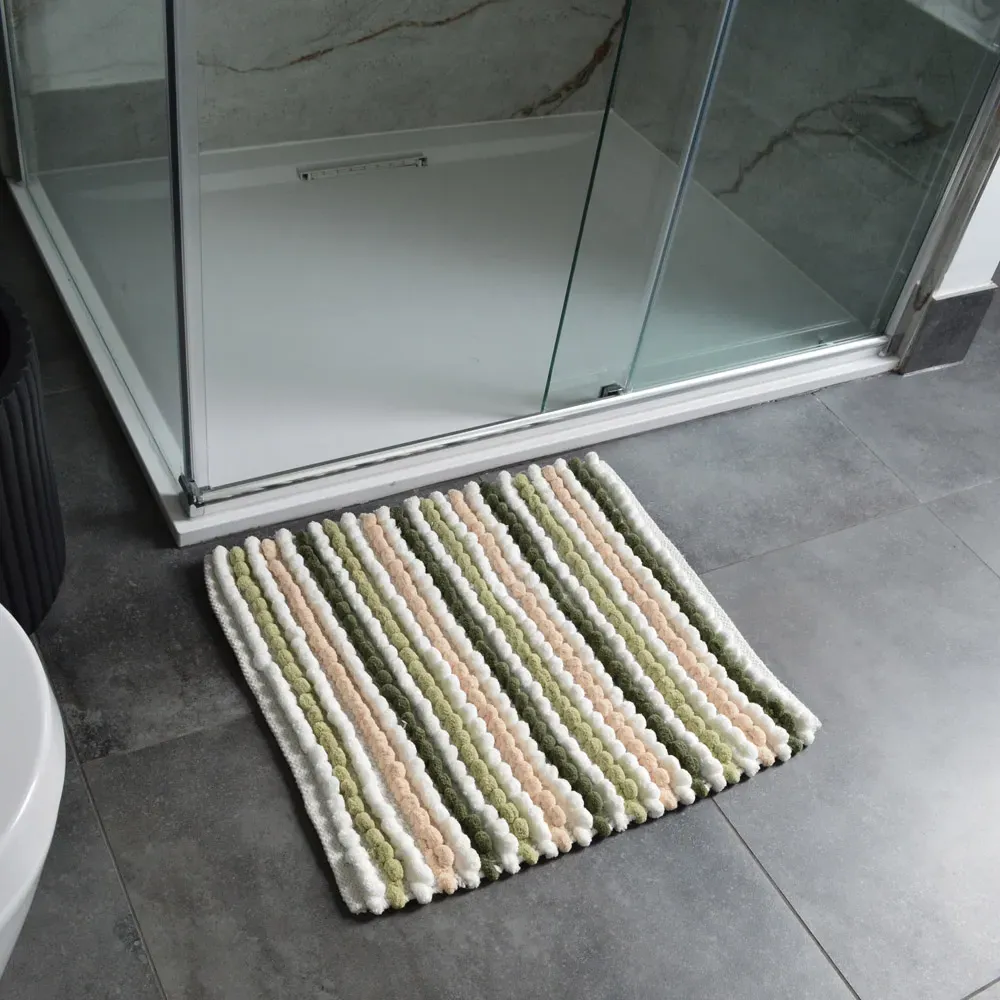 Green Striped Chunky Bobble Square Bath Mat