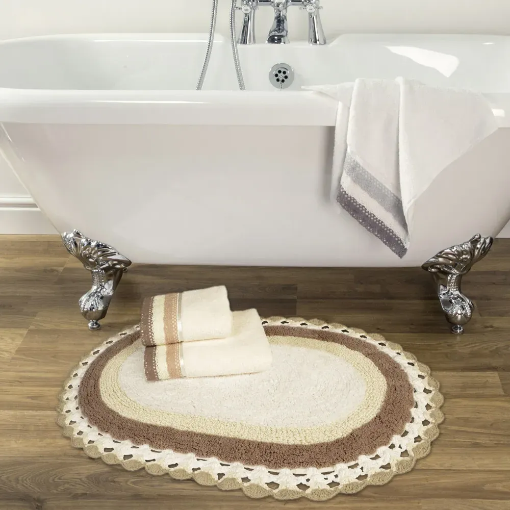 Lauren Vintage Crochet Edged Reversible Bath Mat - Brown, Cotton