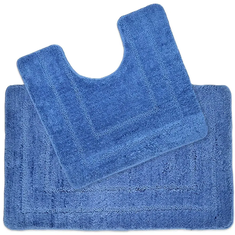 Lisa Non-Slip Bath Mat and Pedestal Mat Set - Blue, Microfibre