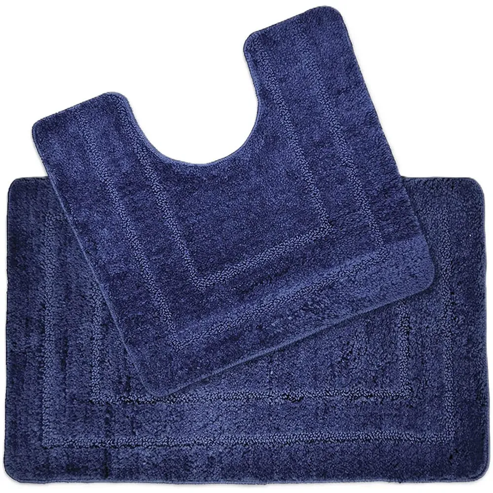 Lisa Non-Slip Bath Mat and Pedestal Mat Set - Navy, Microfibre