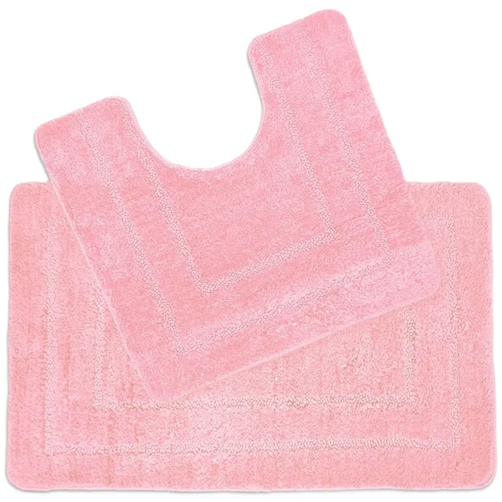 Lisa Non-Slip Bath Mat and Pedestal Mat Set - Pink, Microfibre