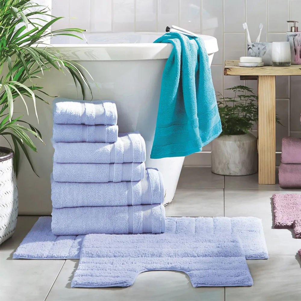 Ribbed Bath Mat and Pedestal Mat Set 2 Piece - Blue, Cotton
