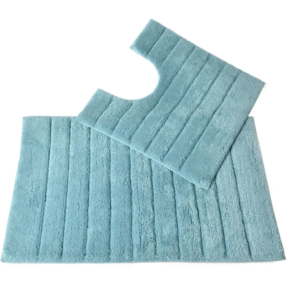 Ribbed Bath Mat and Pedestal Mat Set 2 Piece - Blue, Cotton