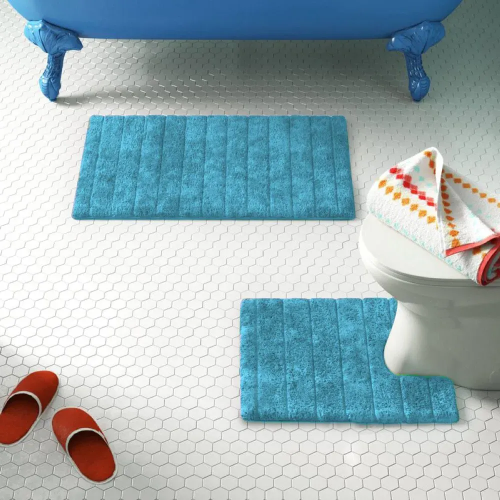 Ribbed Bath Mat and Pedestal Mat Set 2 Piece - Blue, Cotton