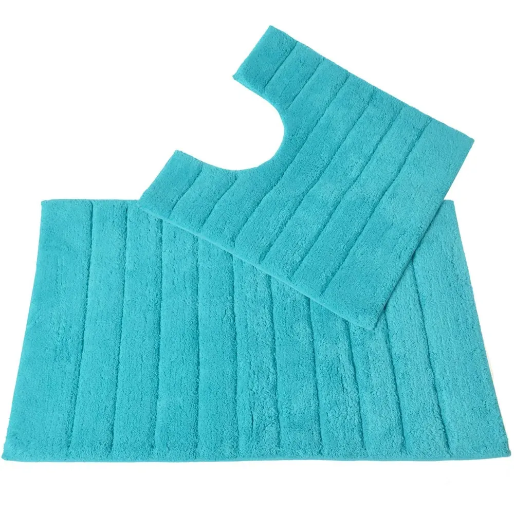 Ribbed Bath Mat and Pedestal Mat Set 2 Piece - Blue, Cotton