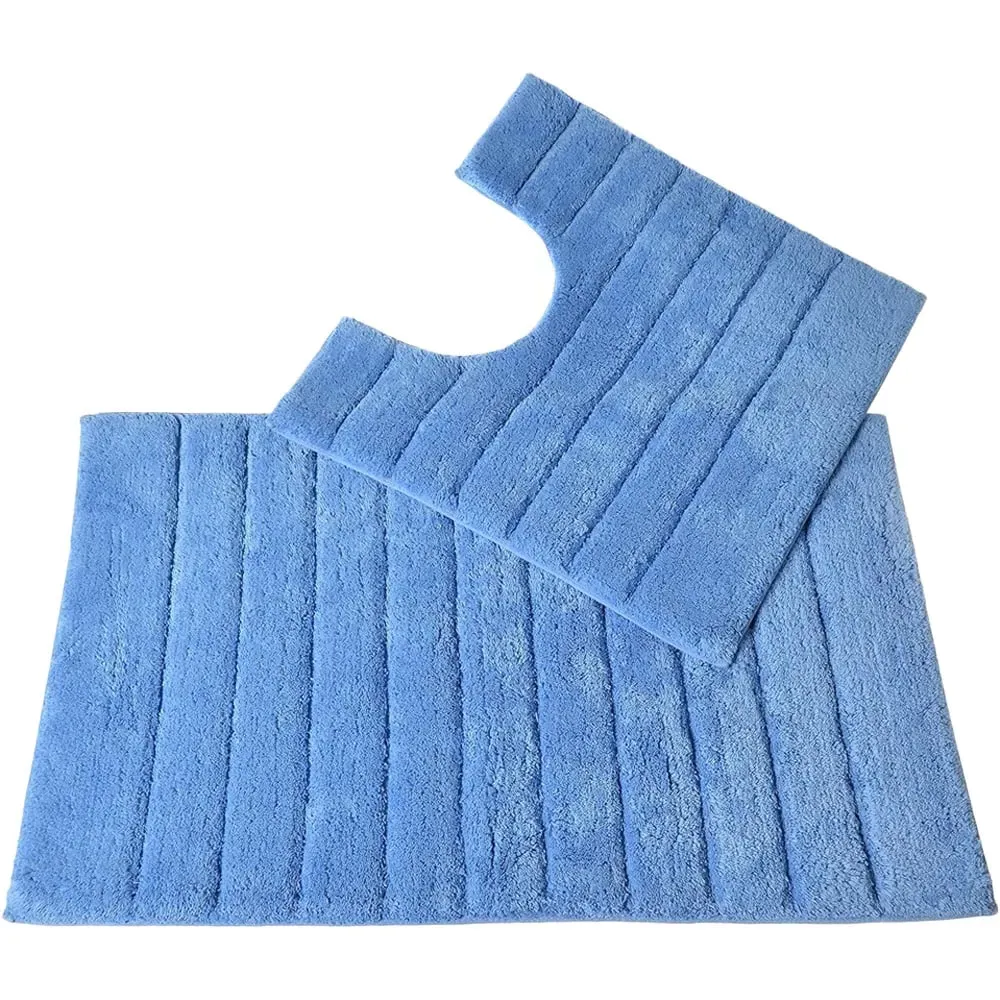 Ribbed Bath Mat and Pedestal Mat Set 2 Piece - Blue, Cotton image