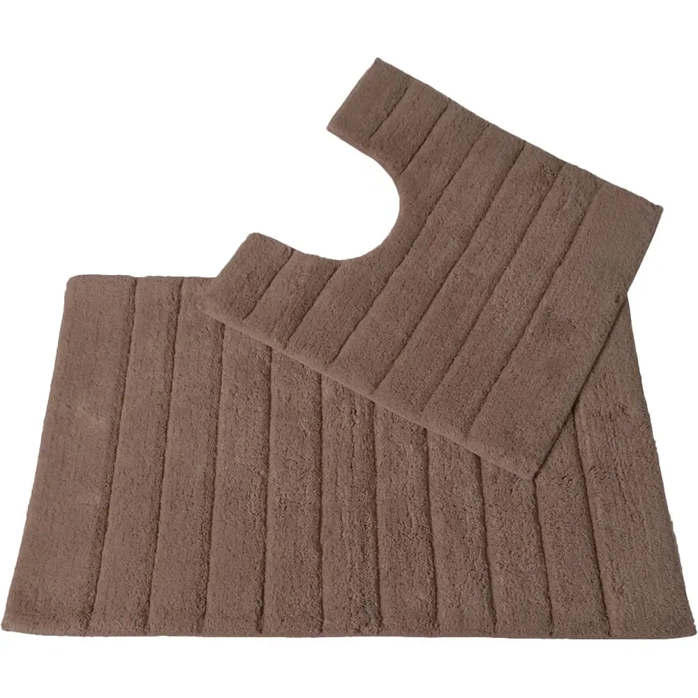 Ribbed Bath Mat and Pedestal Mat Set 2 Piece - Brown, Cotton
