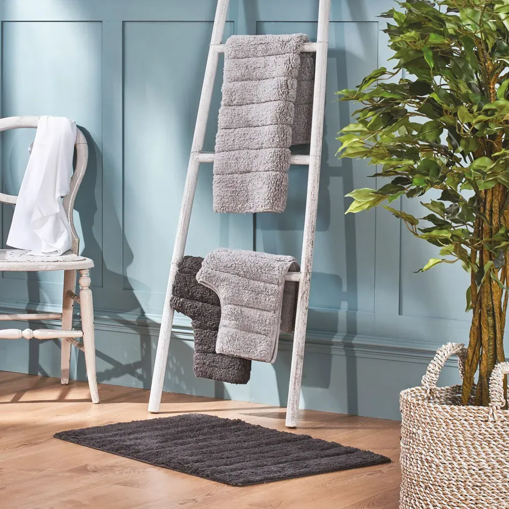 Ribbed Bath Mat and Pedestal Mat Set 2 Piece - Grey, Cotton
