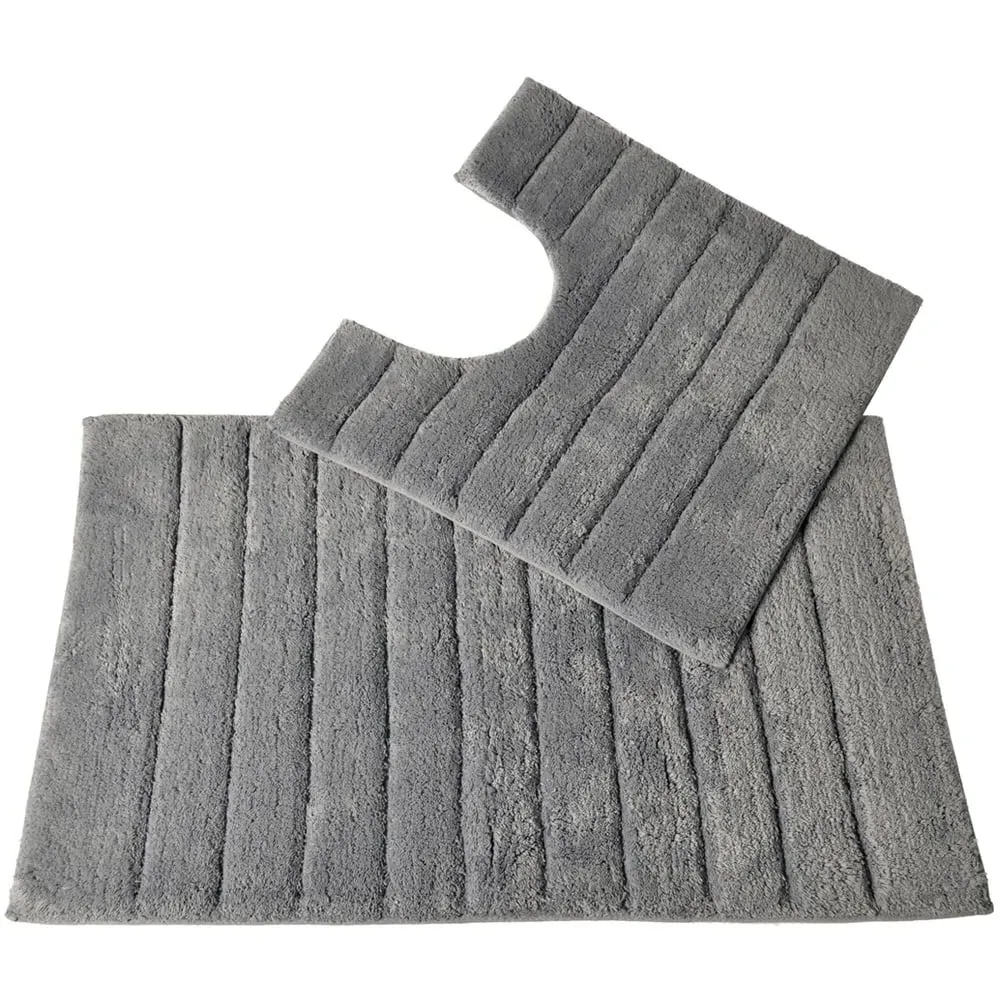 Ribbed Bath Mat and Pedestal Mat Set 2 Piece - Grey, Cotton
