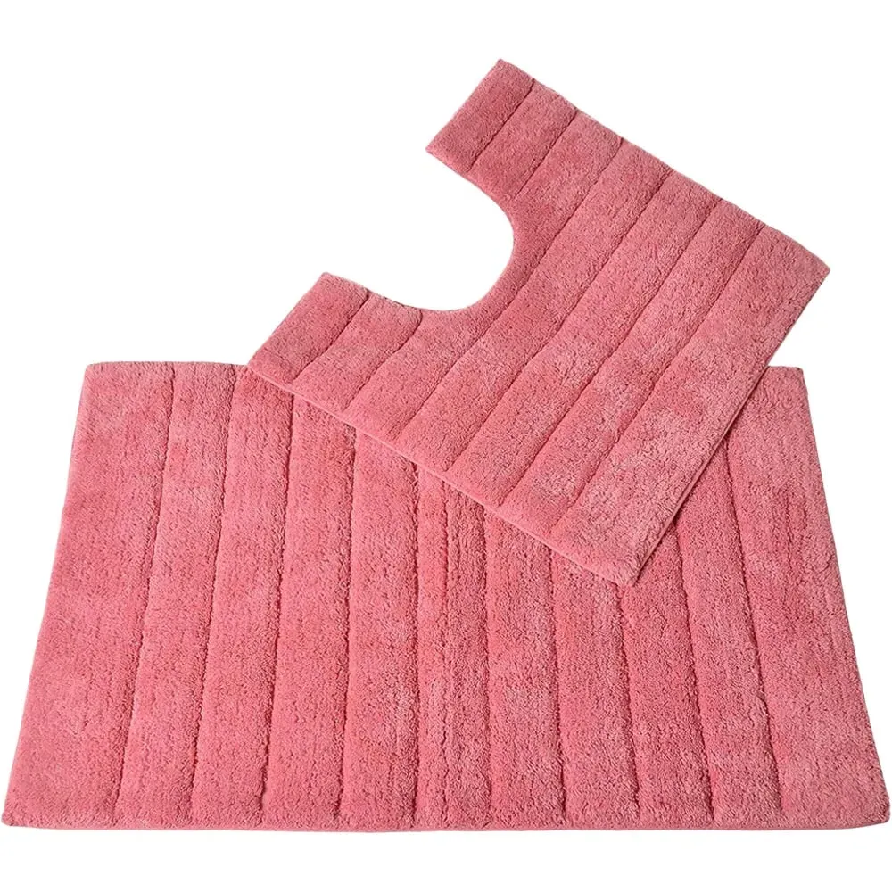 Ribbed Bath Mat and Pedestal Mat Set 2 Piece - Pink, Cotton