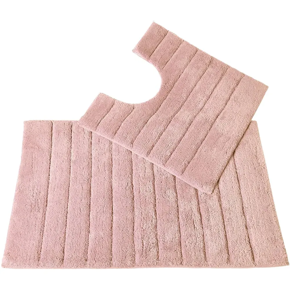 Ribbed Bath Mat and Pedestal Mat Set 2 Piece - Pink, Cotton