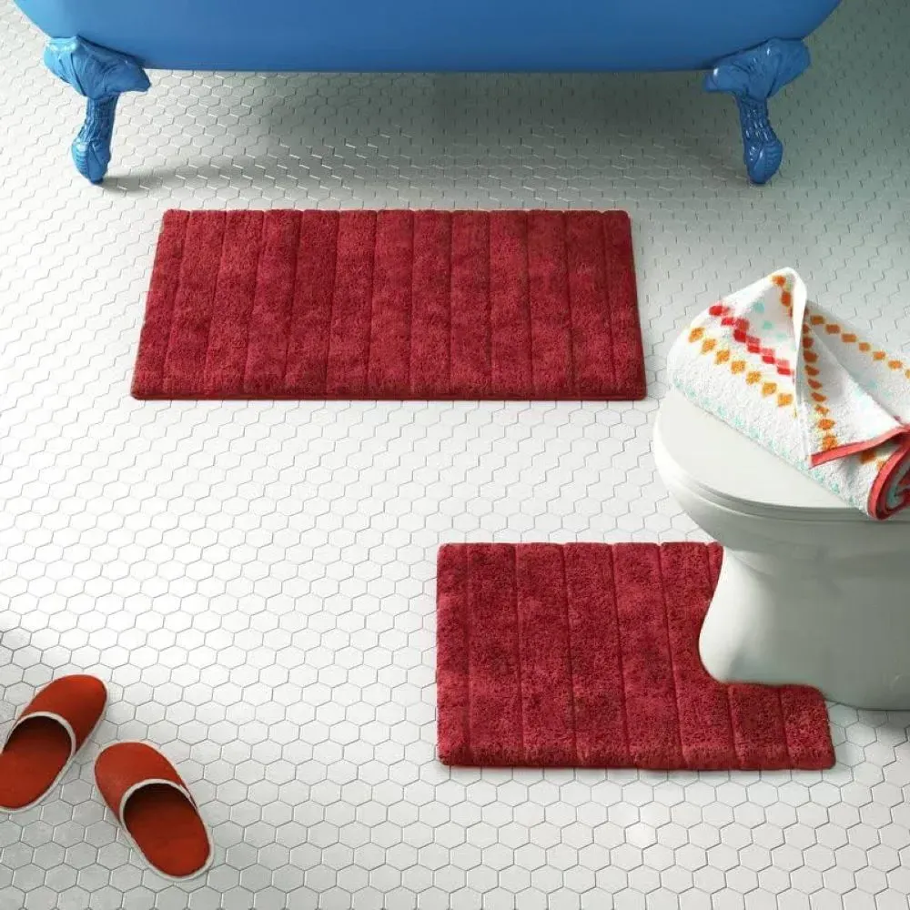 Ribbed Bath Mat and Pedestal Mat Set 2 Piece - Red, Cotton