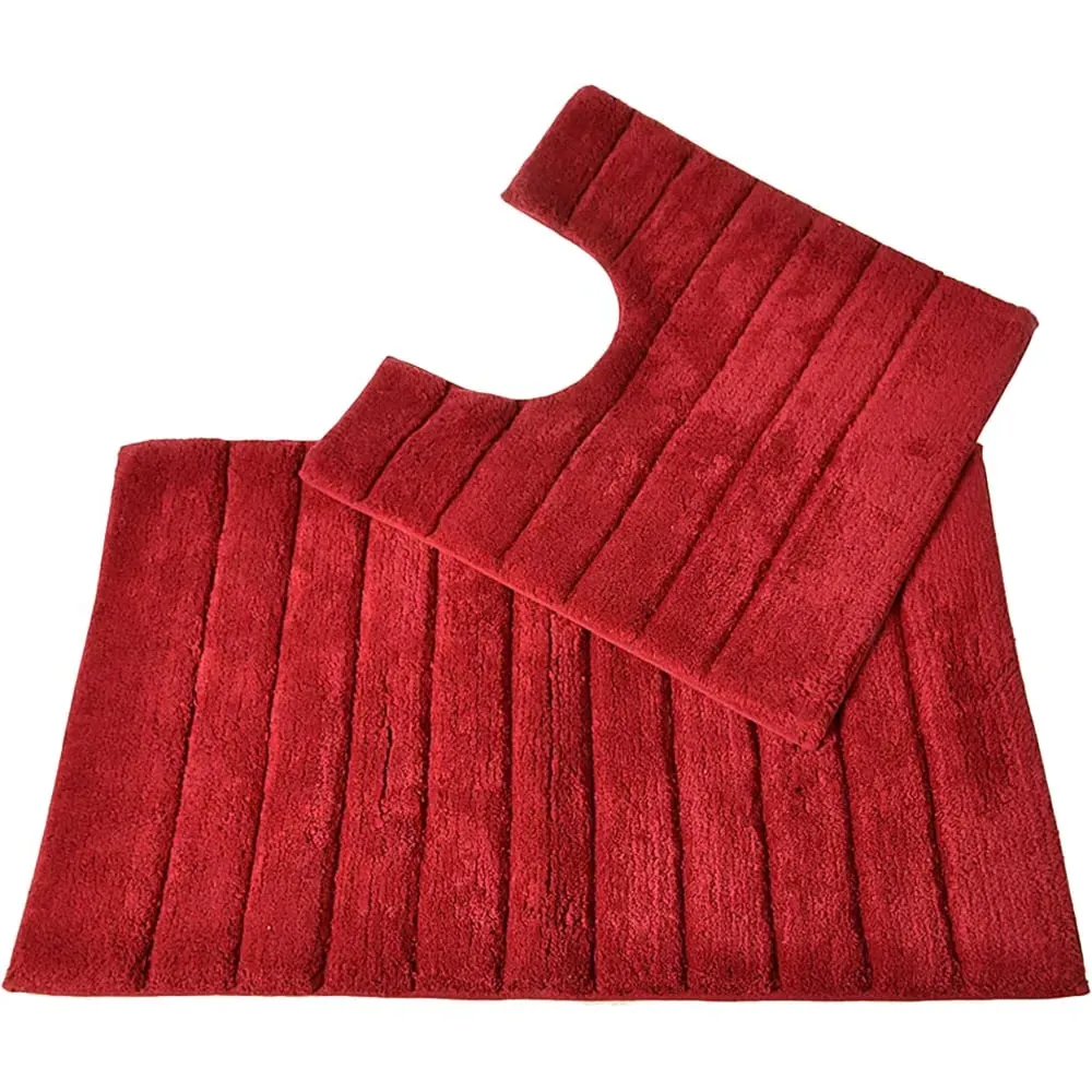 Ribbed Bath Mat and Pedestal Mat Set 2 Piece - Red, Cotton
