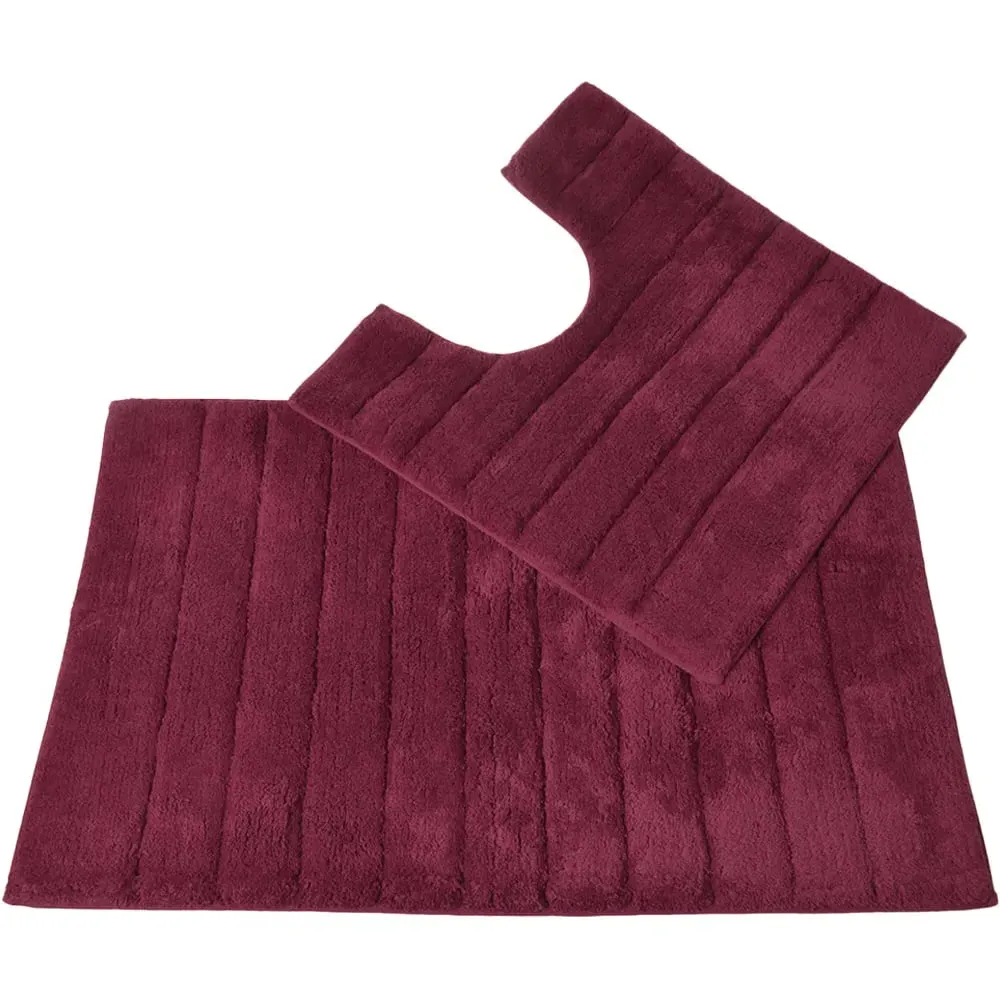 Ribbed Bath Mat and Pedestal Mat Set 2 Piece - Red, Cotton