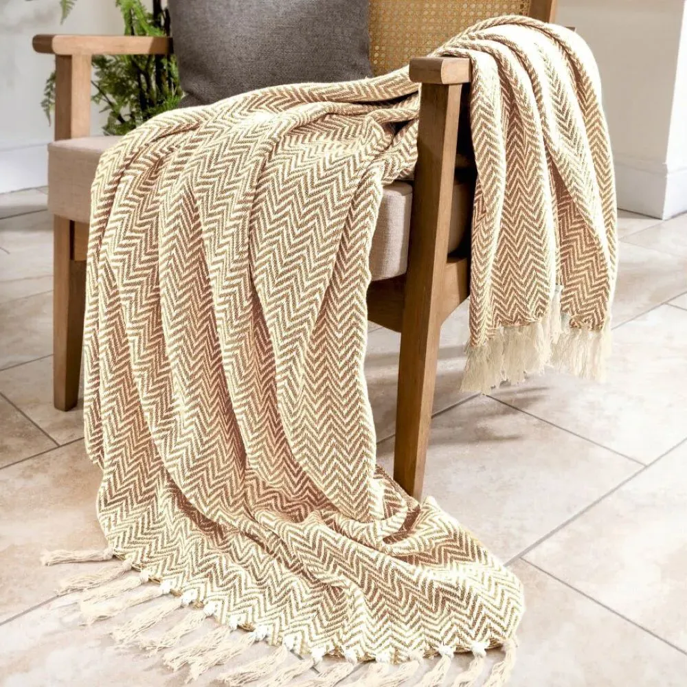Audley Chevron Herringbone Throw - Beige, Cotton