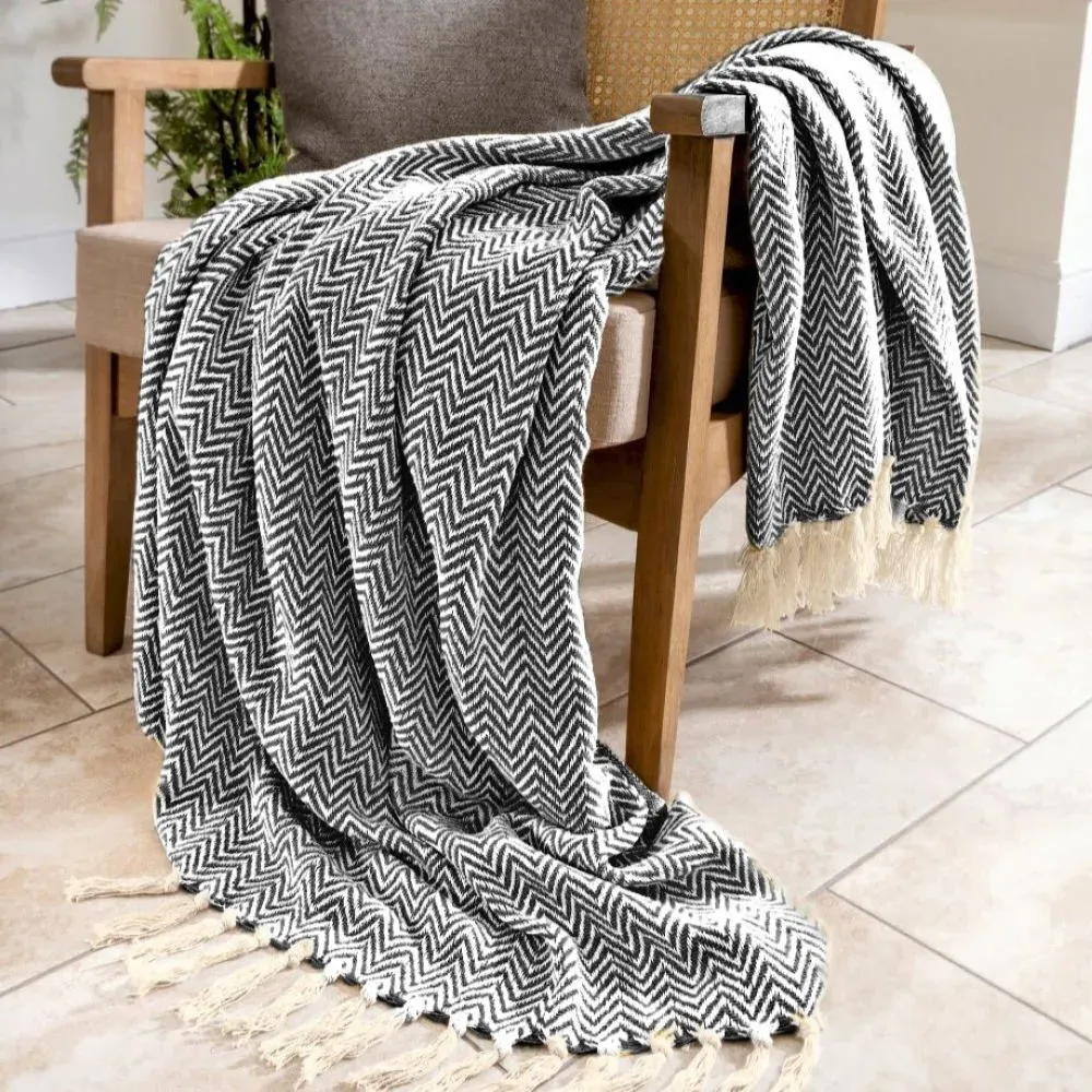 Audley Chevron Herringbone Throw - Charcoal, Cotton