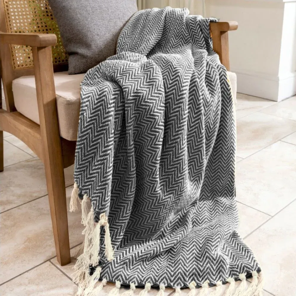 Audley Chevron Herringbone Throw - Charcoal, Cotton