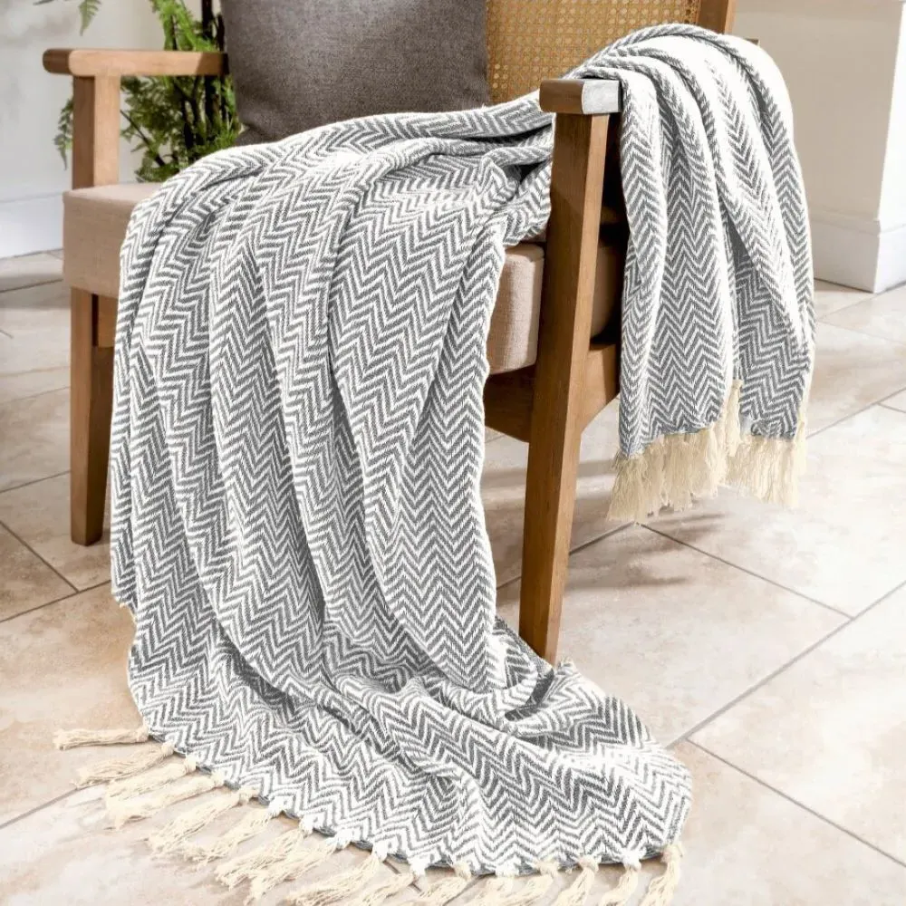 Audley Chevron Herringbone Throw - Light Grey, Cotton