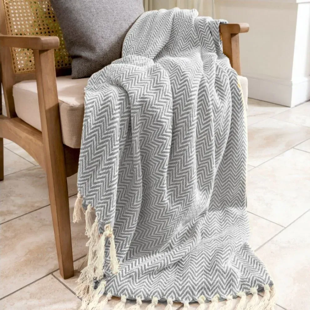 Audley Chevron Herringbone Throw - Light Grey, Cotton