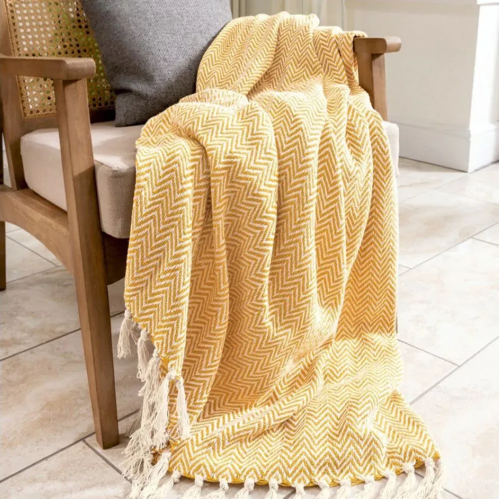 Audley Chevron Herringbone Throw - Mustard, Cotton