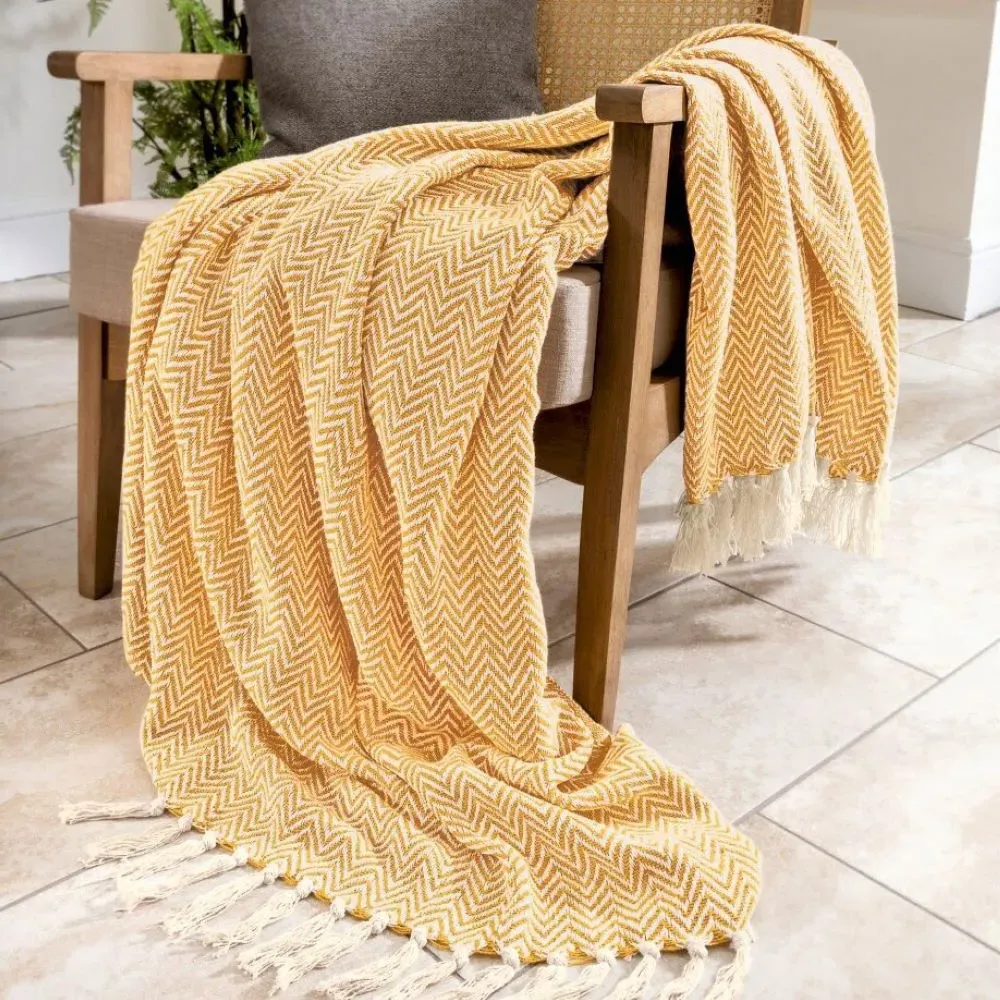 Audley Chevron Herringbone Throw - Mustard, Cotton
