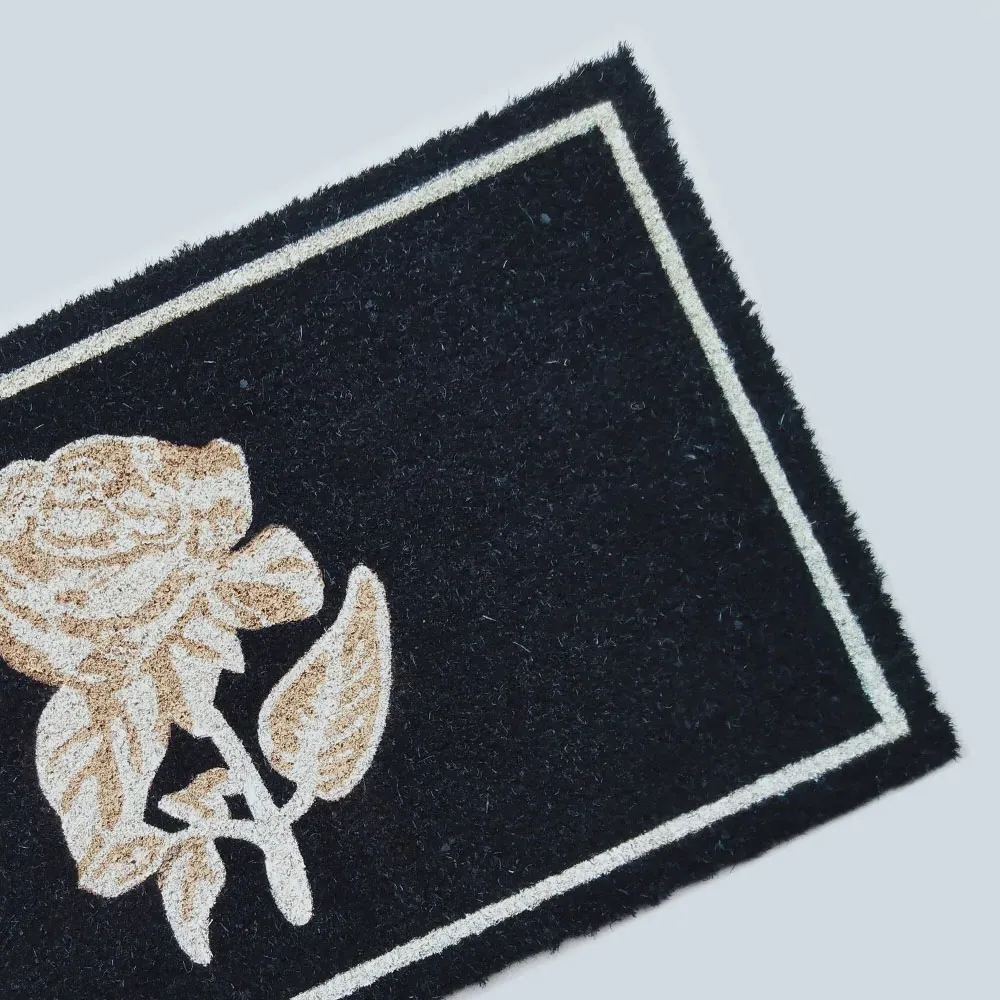 Garden Decor Gold Rose Coir Door Mat - Black
