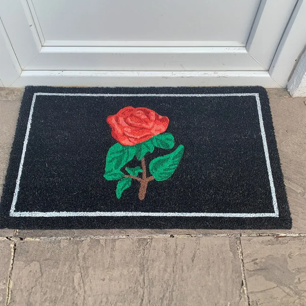 Garden Decor Red Rose Coir Door Mat - Black