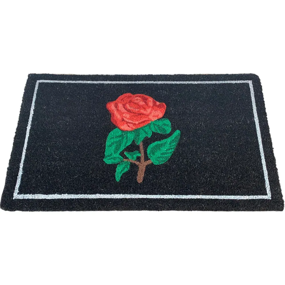 Garden Decor Red Rose Coir Door Mat - Black