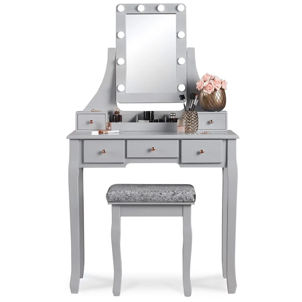 CARME Home 5 Drawer Dressing Table with Hollywood Mirror - Grey