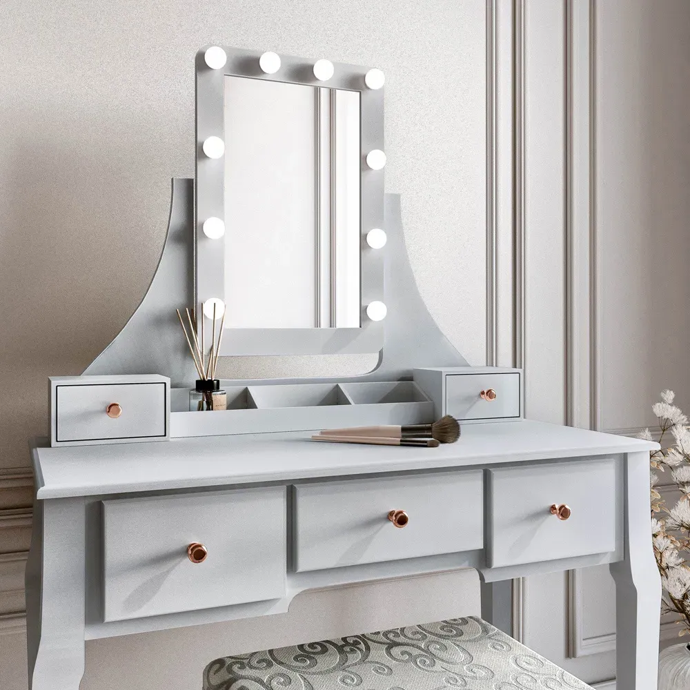 CARME Home 5 Drawer Dressing Table with Hollywood Mirror - Grey