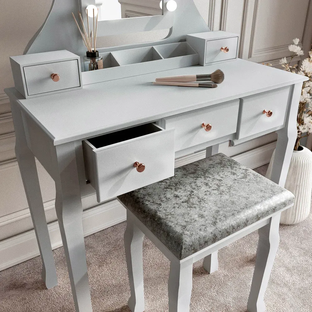 CARME Home 5 Drawer Dressing Table with Hollywood Mirror - Grey