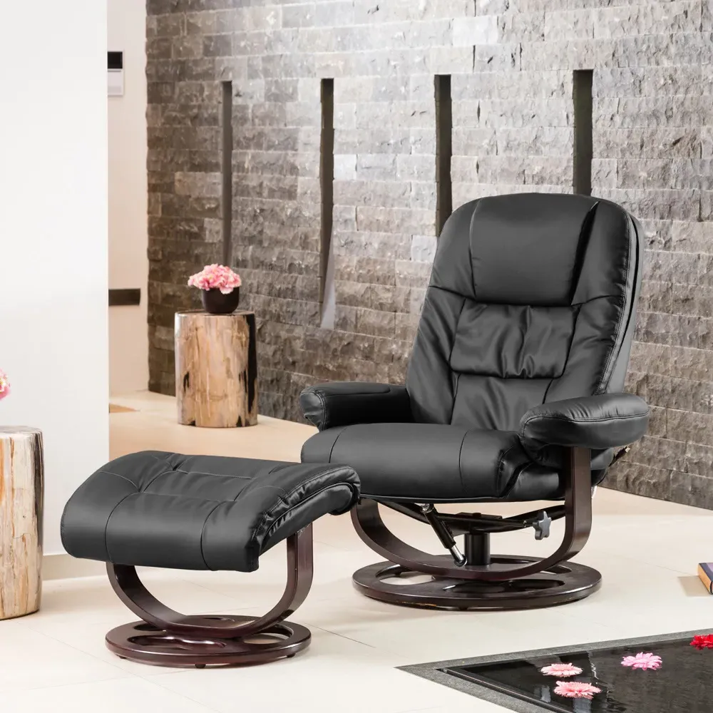 Burdell Swivel Recliner Chair with Footstool - Black, Leather