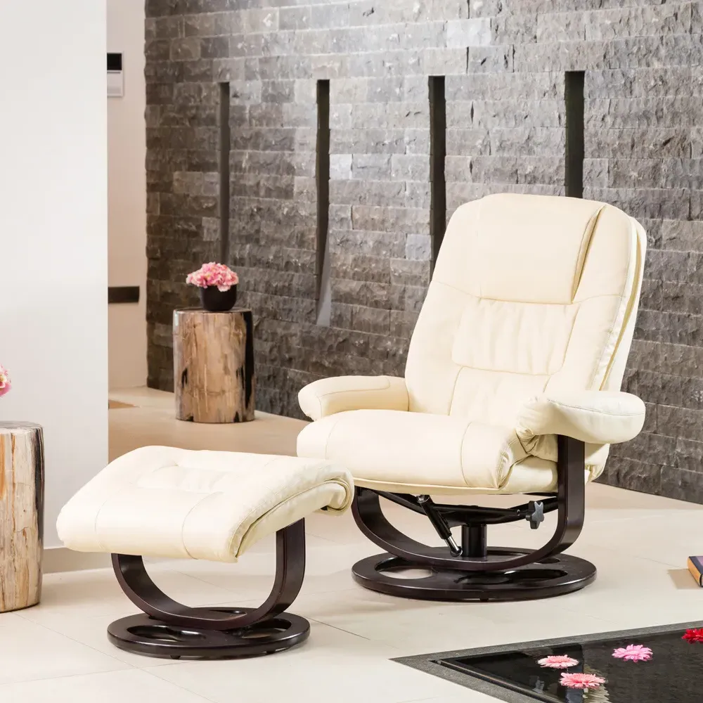 Burdell Swivel Recliner Chair with Footstool - Cream, Leather