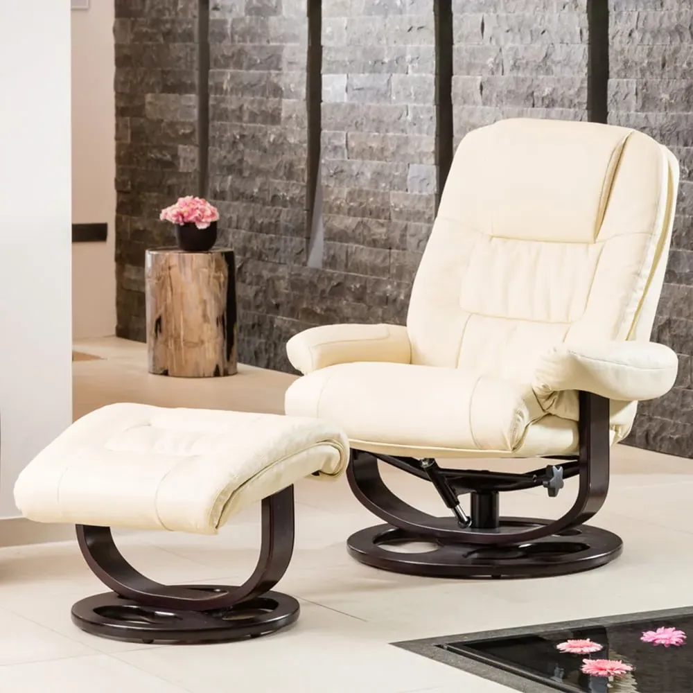 Burdell Swivel Recliner Chair with Footstool - Cream, Leather
