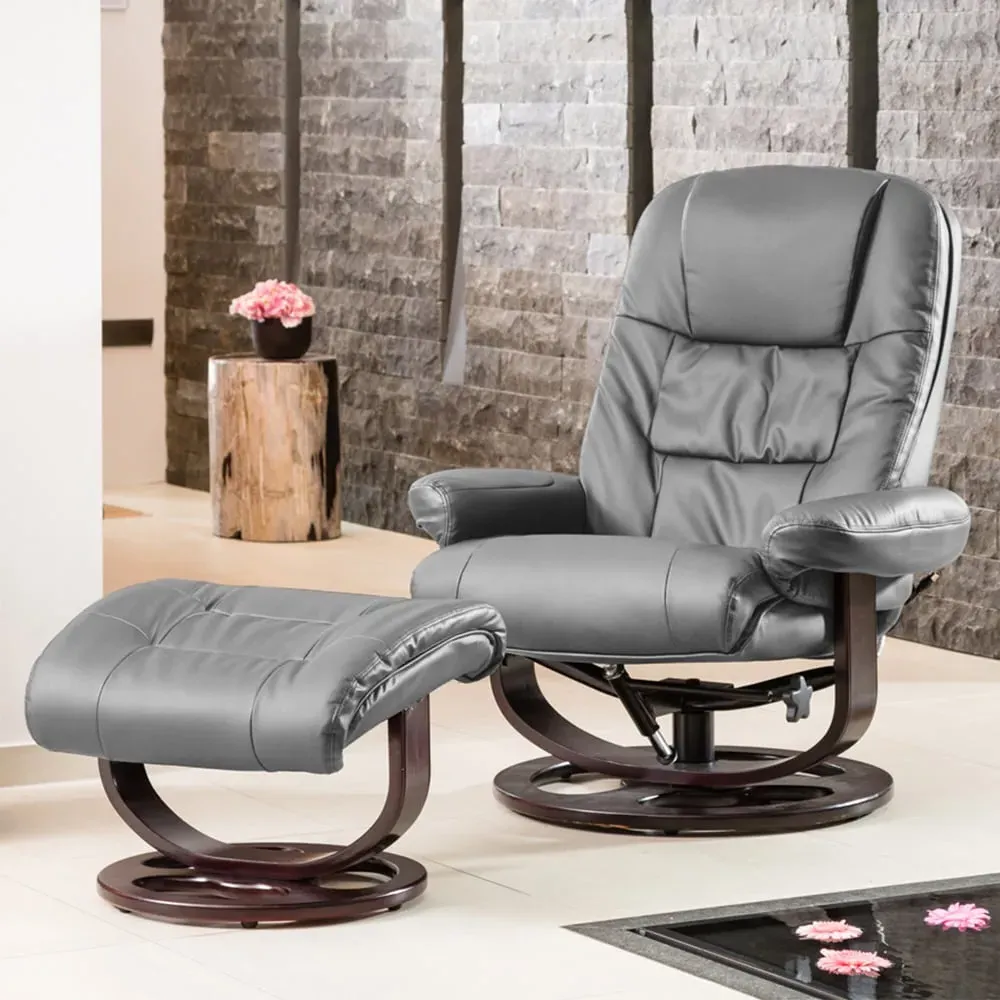 Burdell Swivel Recliner Chair with Footstool - Grey, Leather