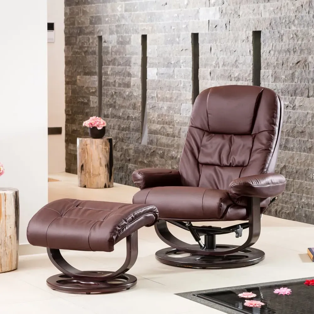 Burdell Swivel Recliner Chair with Massage and Heat - Burgundy, Leather