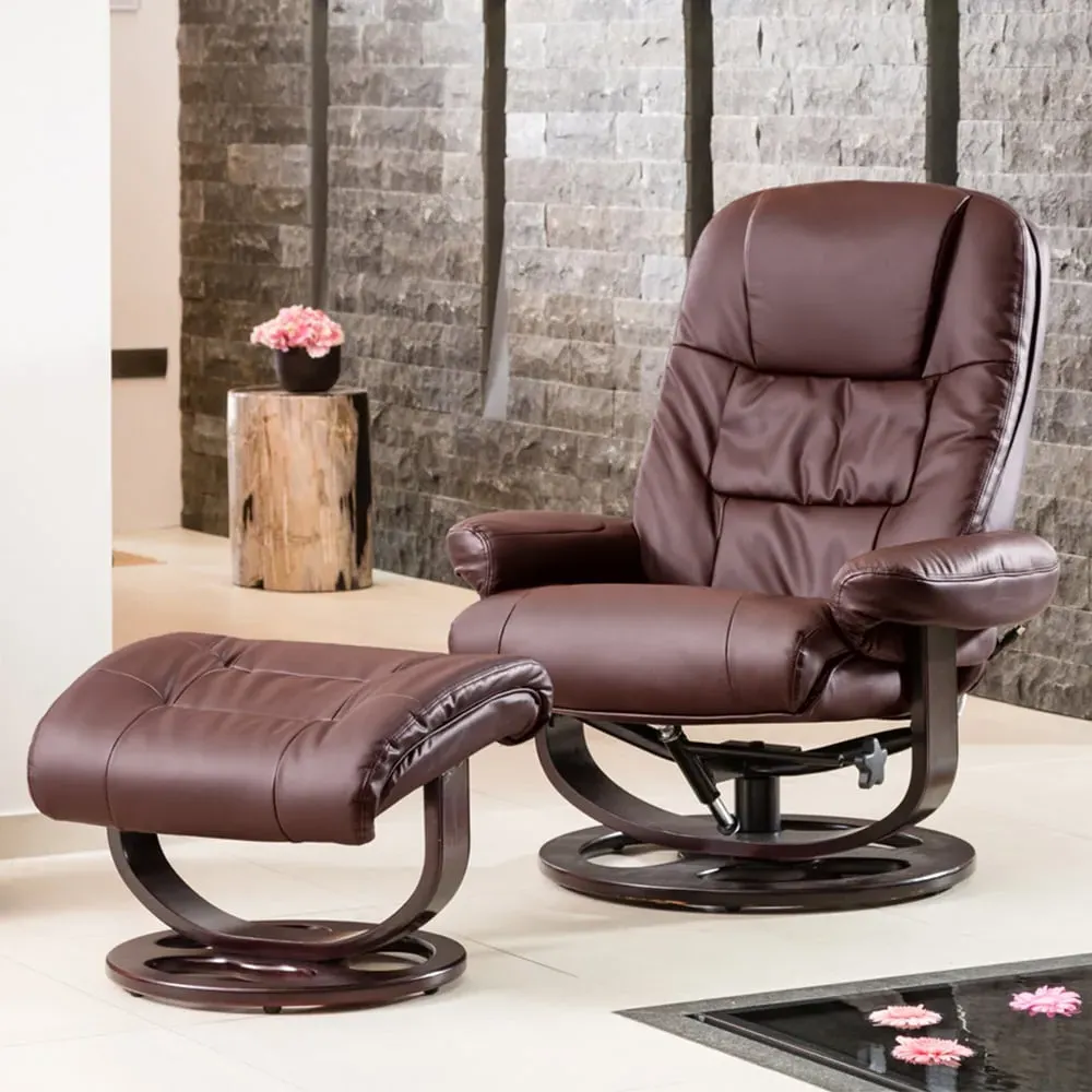 Burdell Swivel Recliner Chair with Massage and Heat - Burgundy, Leather