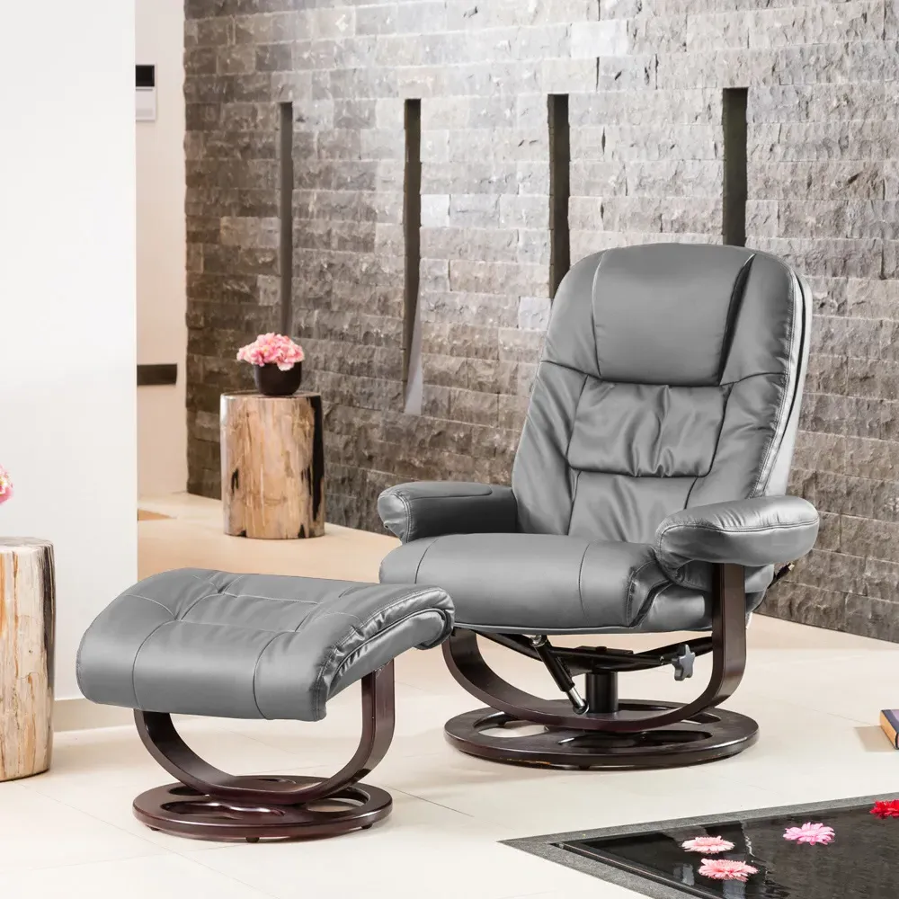 Burdell Swivel Recliner Chair with Massage and Heat - Grey, Leather