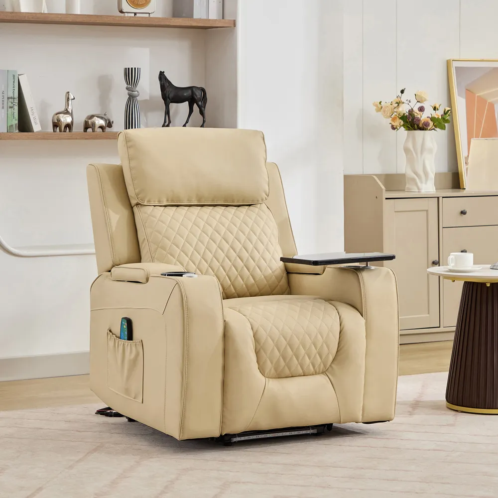Byron Electric Riser Recliner with Massage and Heat - Cream, Leather