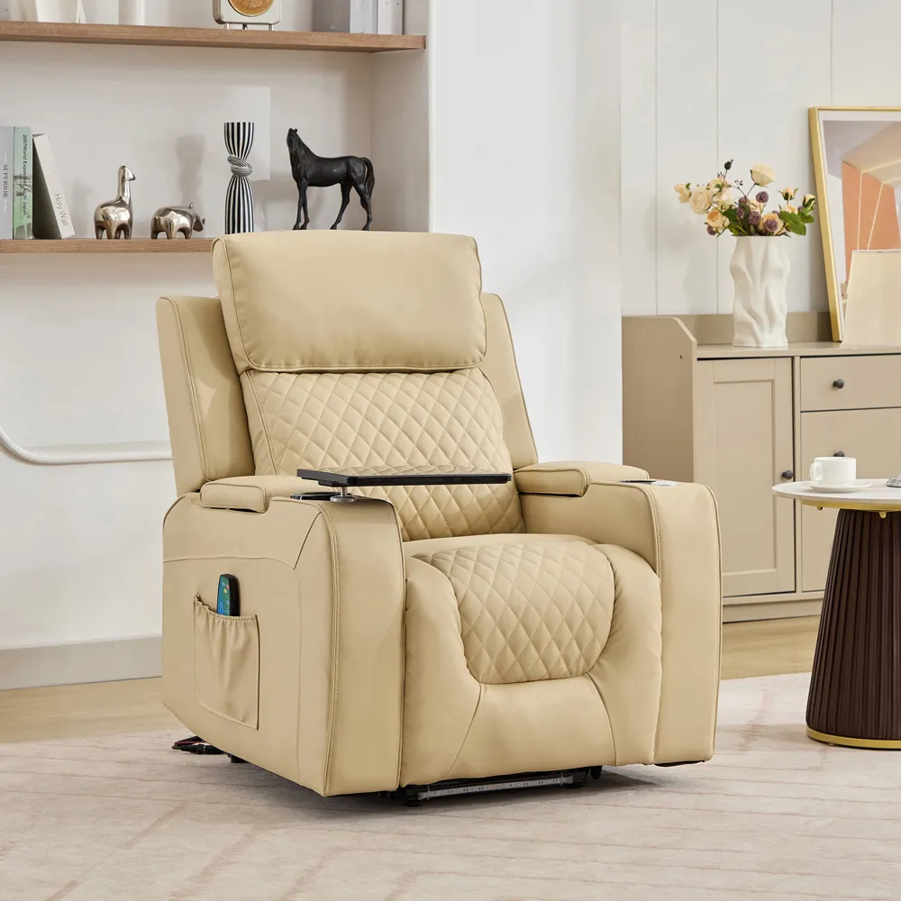 Byron Electric Riser Recliner with Massage and Heat - Cream, Leather