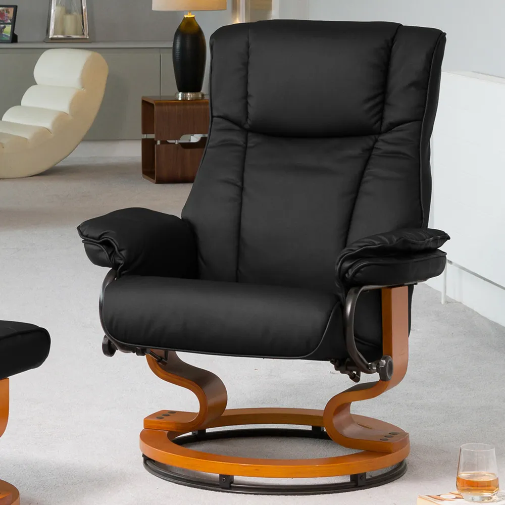 Calhoun Swivel Recliner Chair with Footstool - Black, Bonded Leather