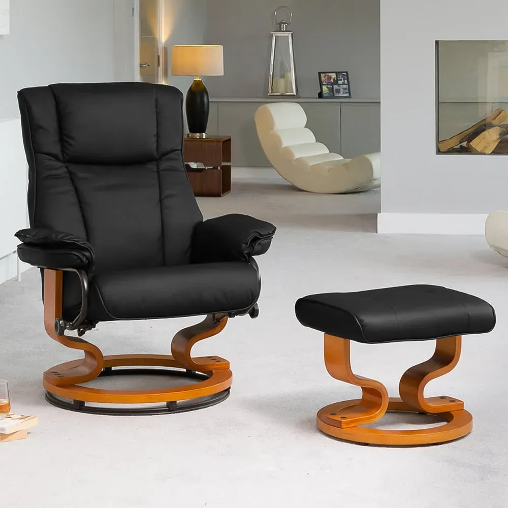 Calhoun Swivel Recliner Chair with Footstool - Black, Bonded Leather image