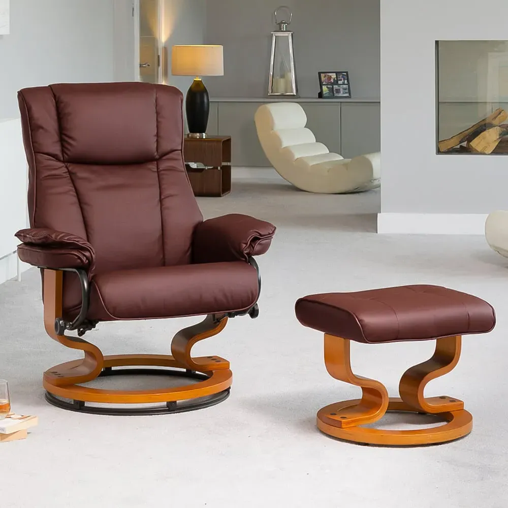 Calhoun Swivel Recliner Chair with Footstool - Burgundy, Bonded Leather