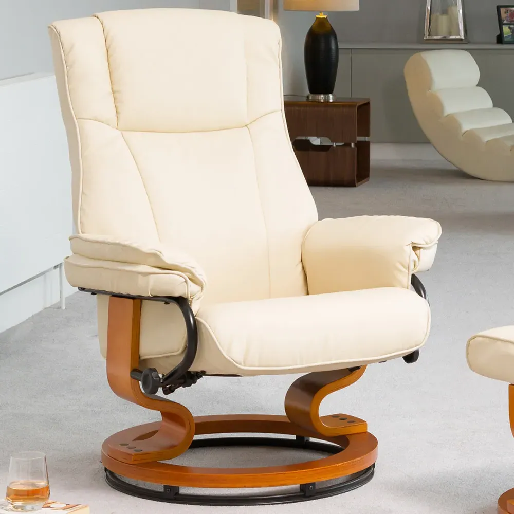Calhoun Swivel Recliner Chair with Footstool - Cream, Bonded Leather