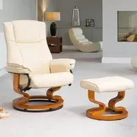 Calhoun Swivel Recliner Chair with Footstool - Cream, Bonded Leather