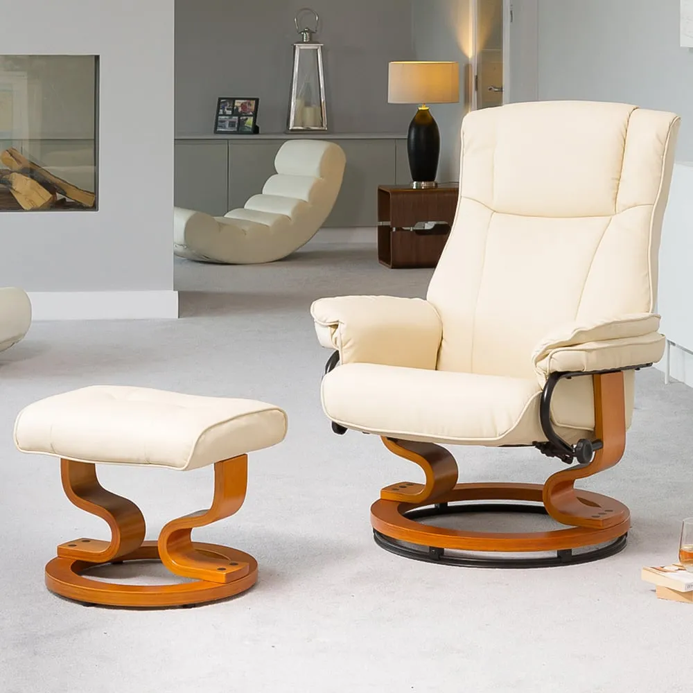 Calhoun Swivel Recliner Chair with Footstool - Cream, Bonded Leather