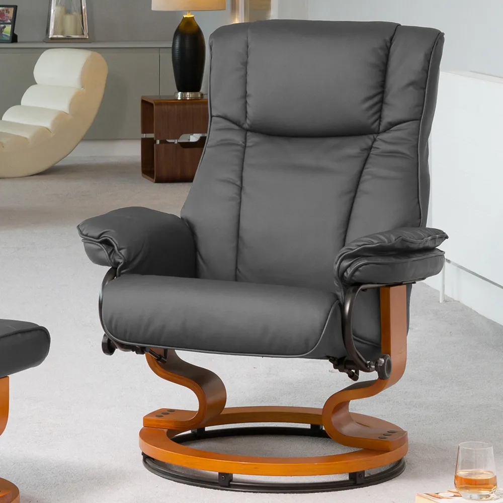 Calhoun Swivel Recliner Chair with Footstool - Grey, Bonded Leather