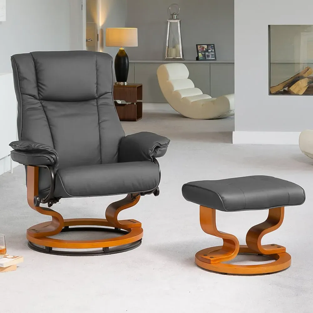 Calhoun Swivel Recliner Chair with Footstool - Grey, Bonded Leather