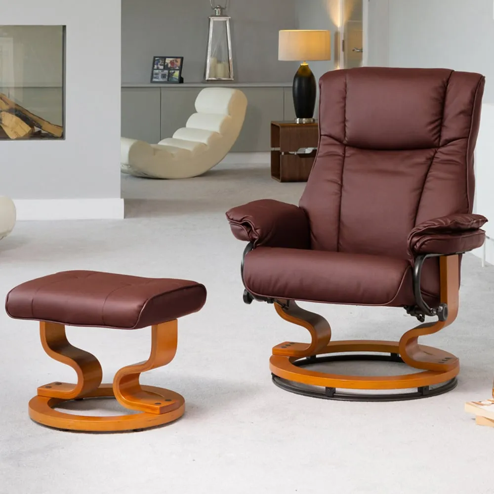 Calhoun Swivel Recliner Chair with Footstool - Red, Bonded Leather