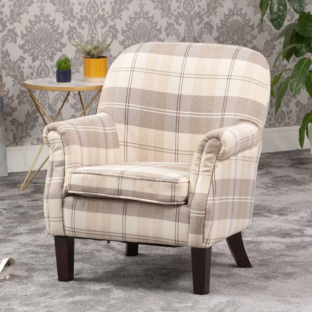 Candia Armchair with Removable Cushion - Cream, Chequered Fabric